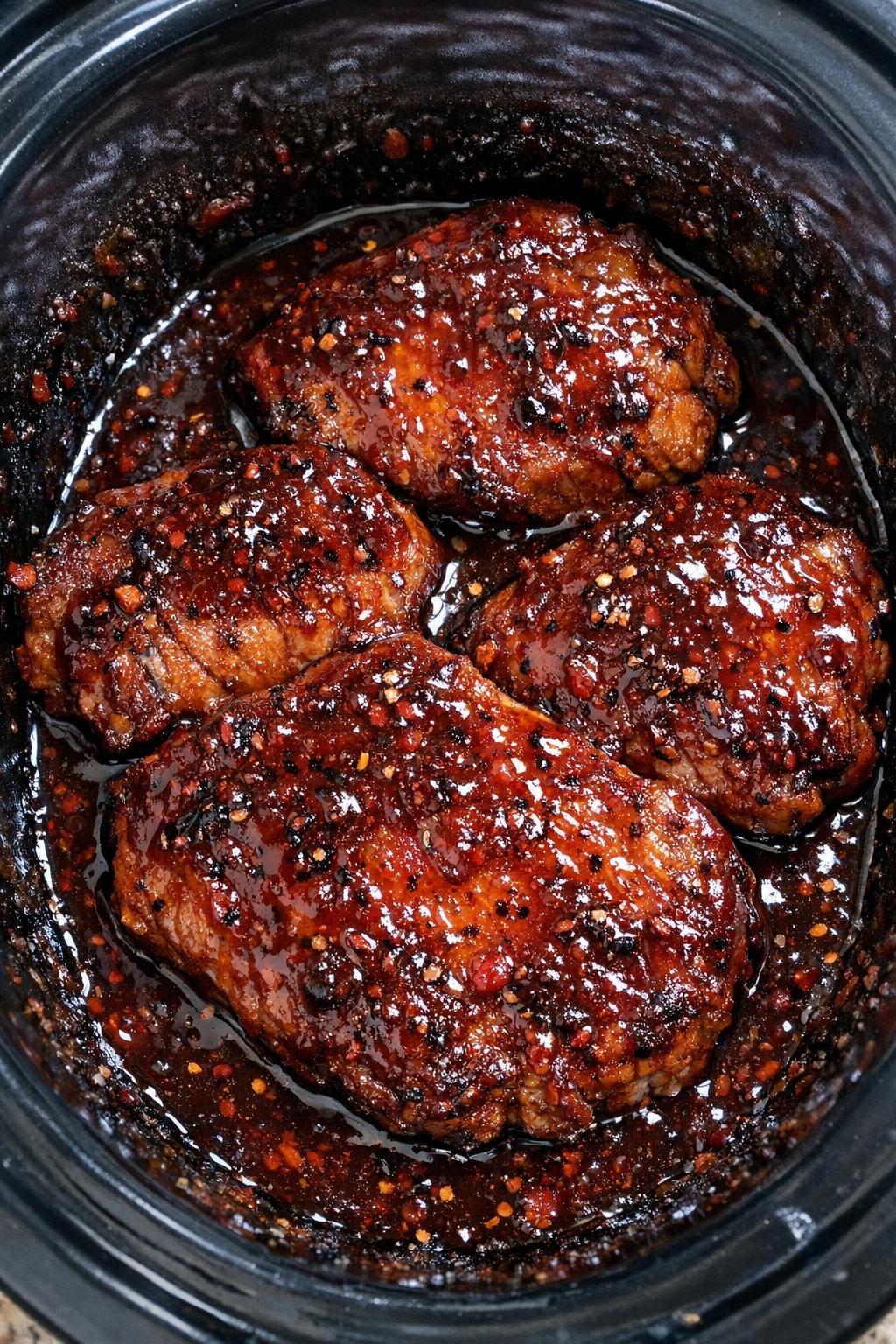 Slow cooker raspberry chipotle pork chops in a black slow cooker