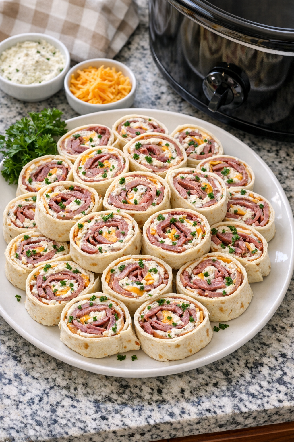 Warm beef ranch pinwheels plated on a serving dish