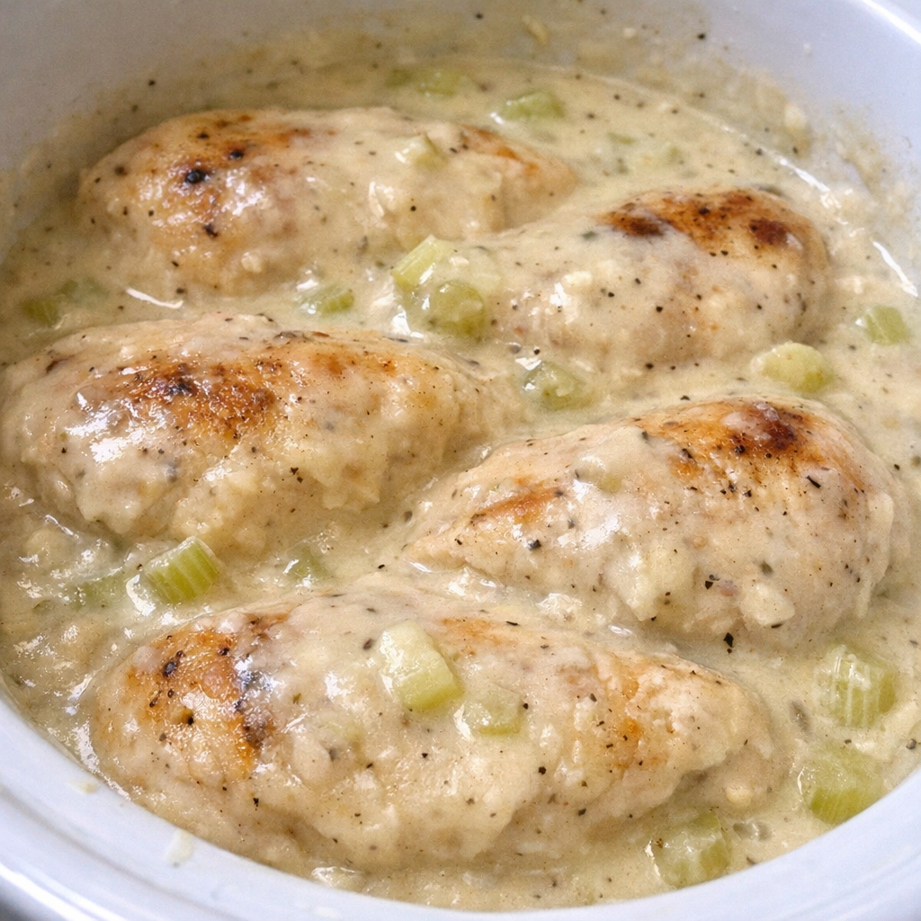 Slow cooker cream of celery chicken in a white slow cooker