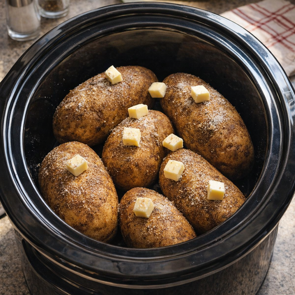 Slow cooker filled with whole russet potatoes before cooking