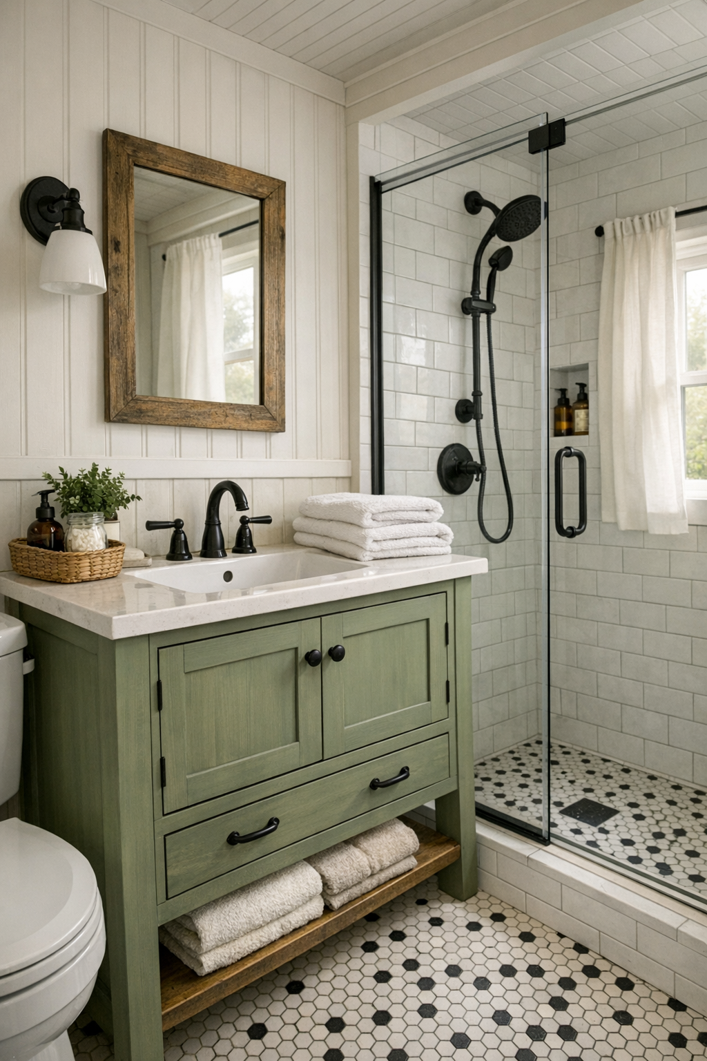 Barn-inspired tiny home bathroom with painted vanity and simple tile