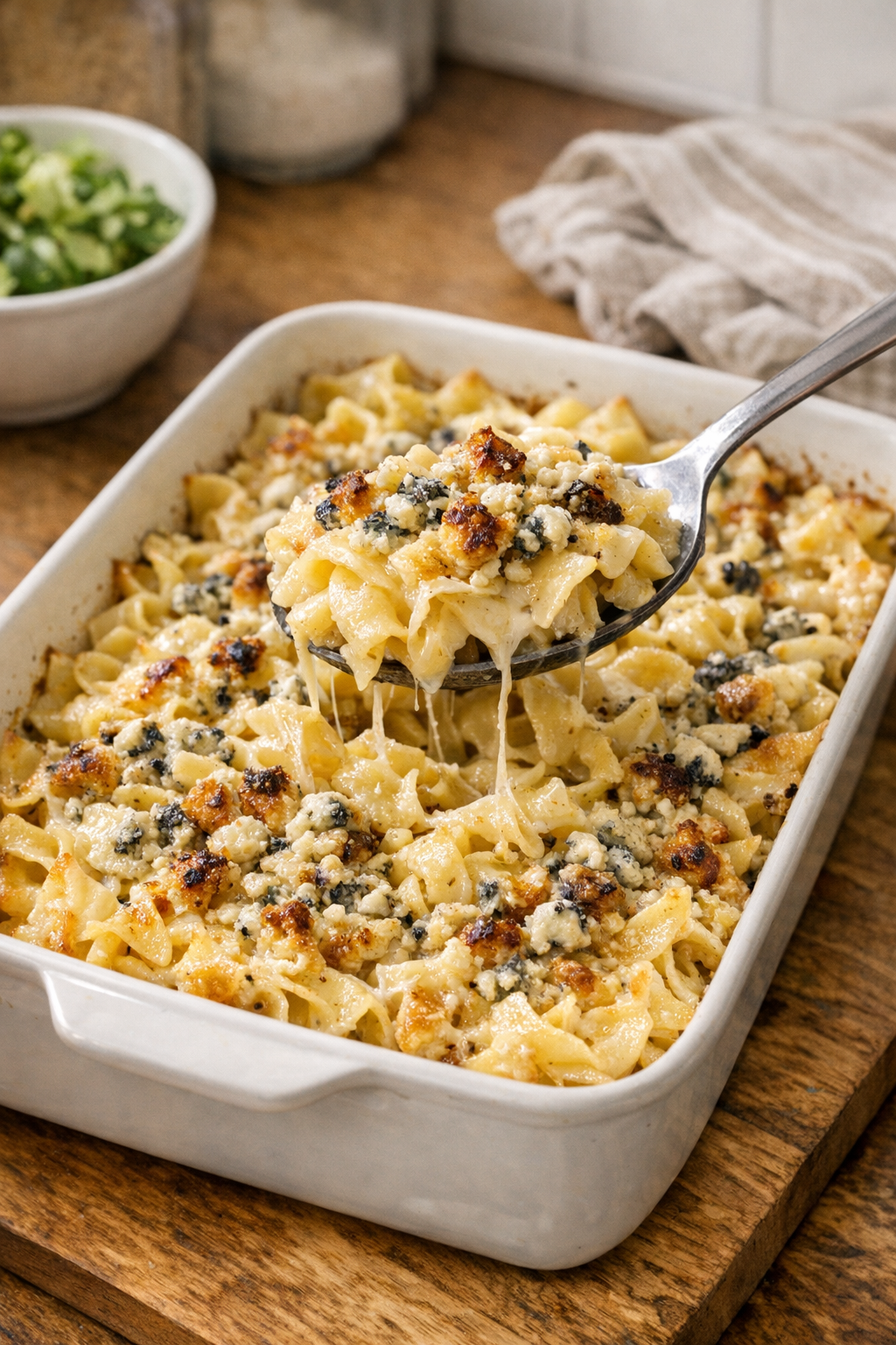 Finished baked blue cheese noodles in a casserole dish