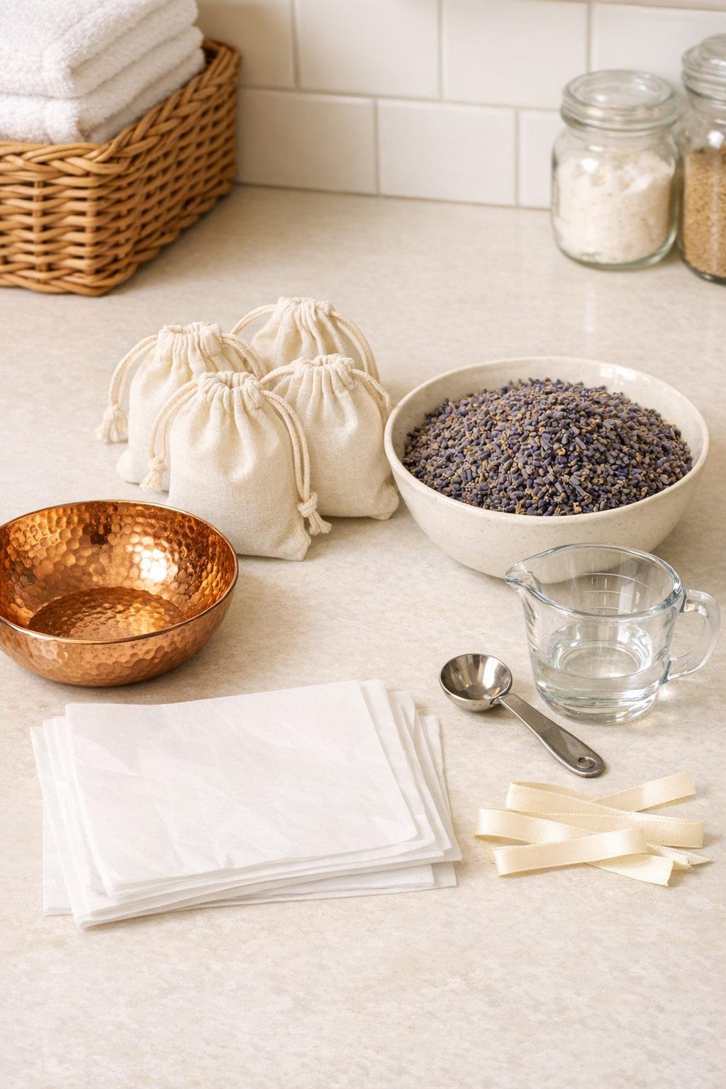 Materials for a lavender laundry room freshener station laid out together