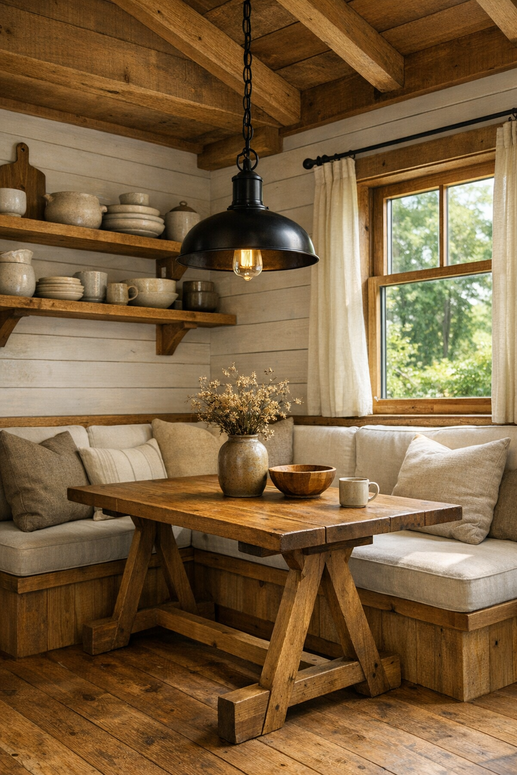 Dining nook with built-in banquette, trestle table, and black iron pendant light
