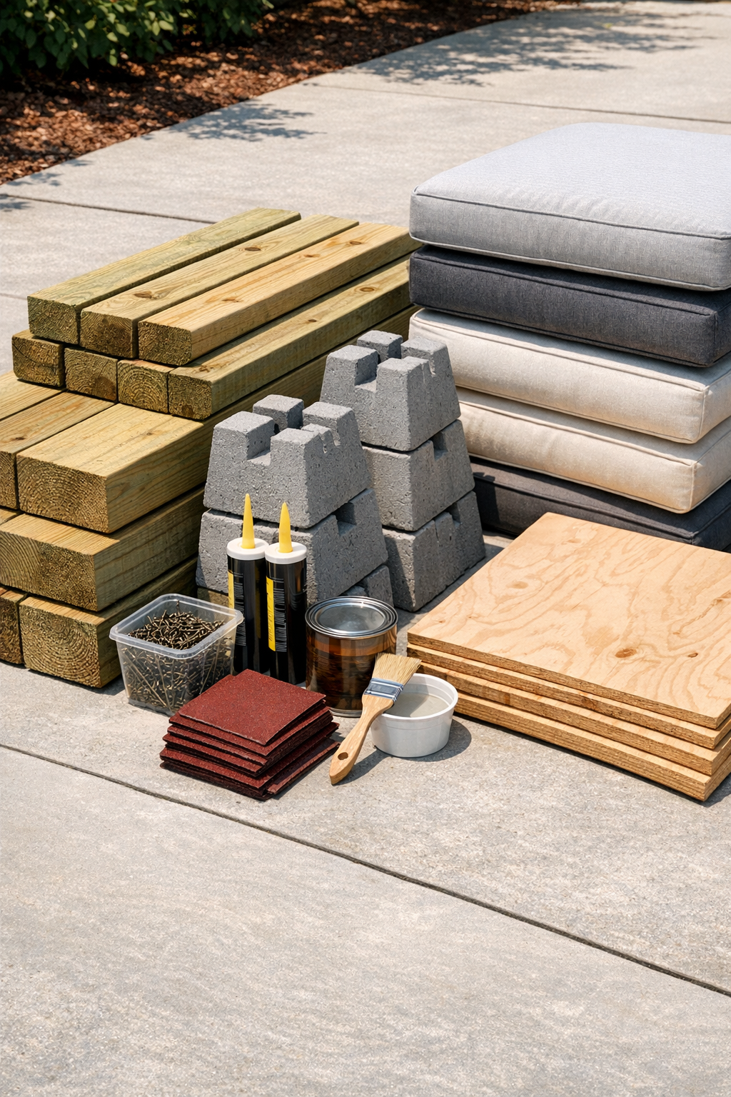 Pressure-treated lumber, concrete deck blocks, hardware, and cushion materials laid out neatly