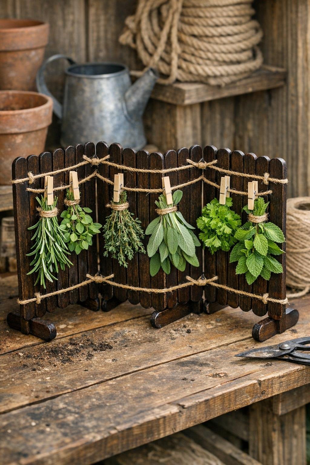 Finished popsicle stick herb drying rack holding fresh herb bundles