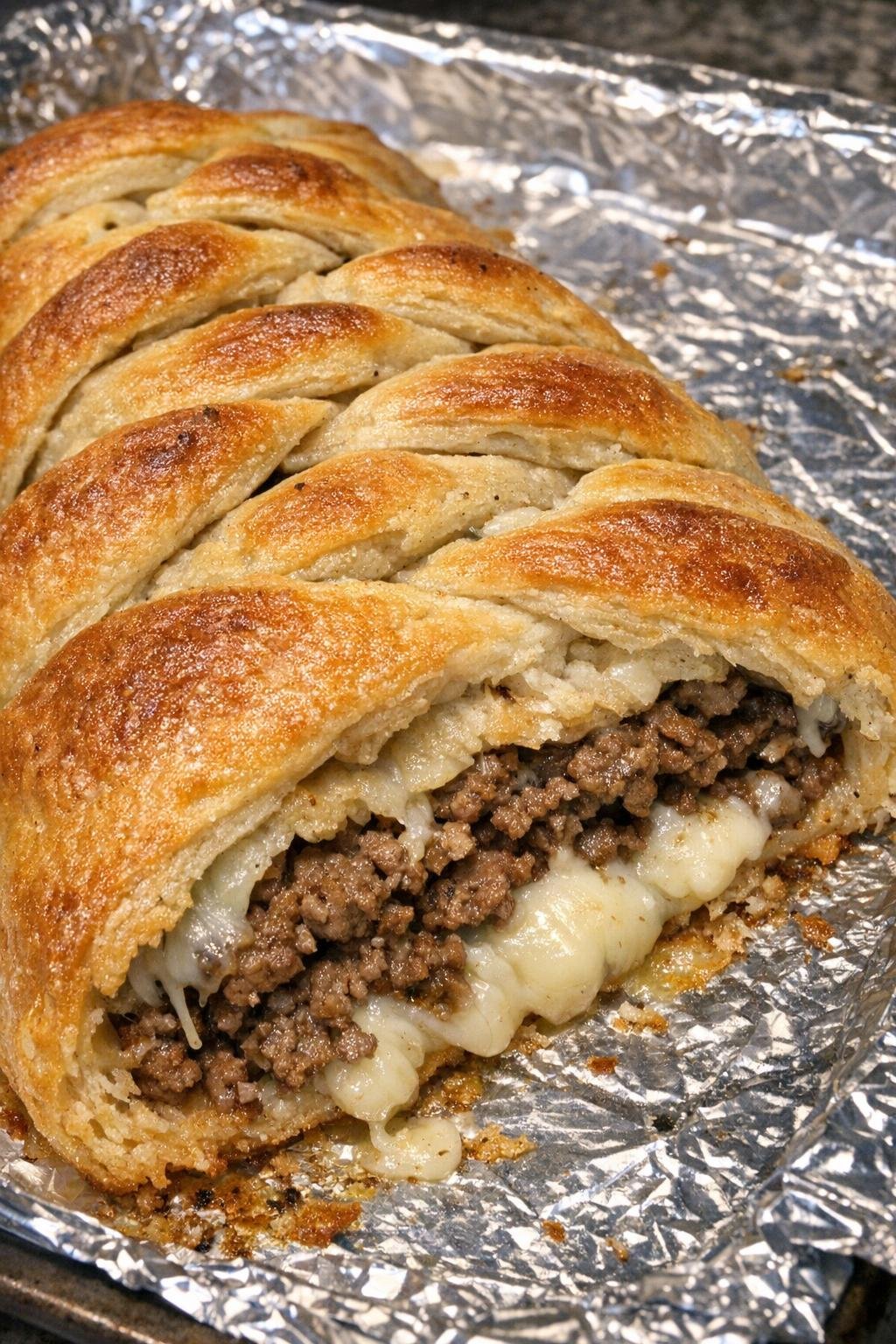 Oven baked 4-ingredient beef crescent braid ready to serve