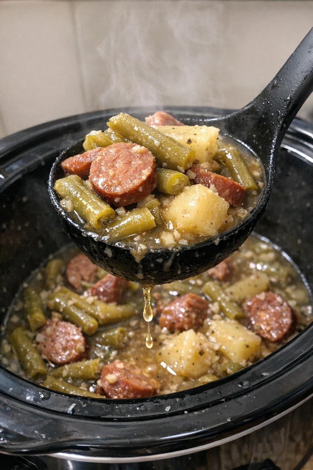 Tender green beans and chunky sausage in a slow cooker