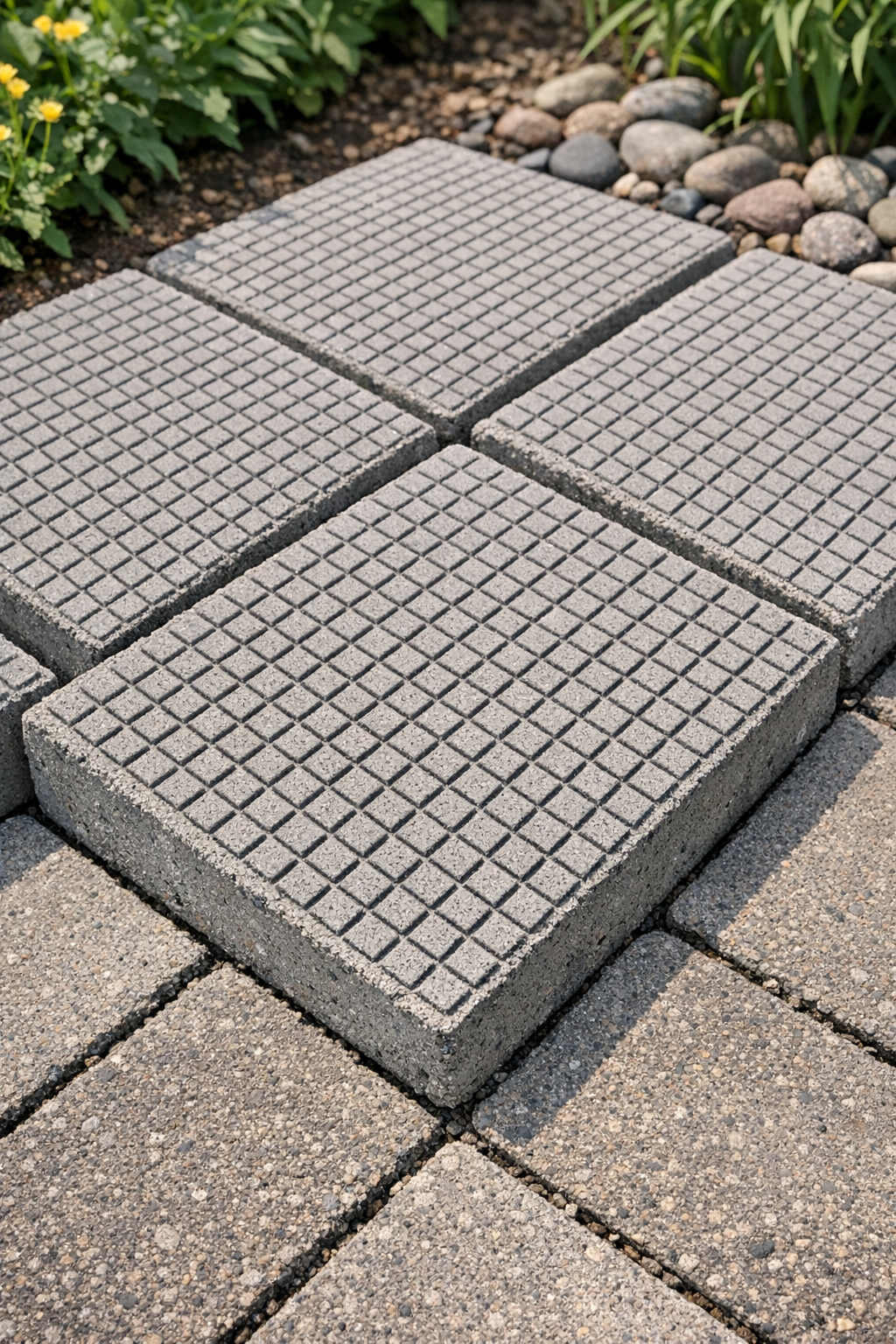 Finished grid-textured cement patio blocks made with fly swatters