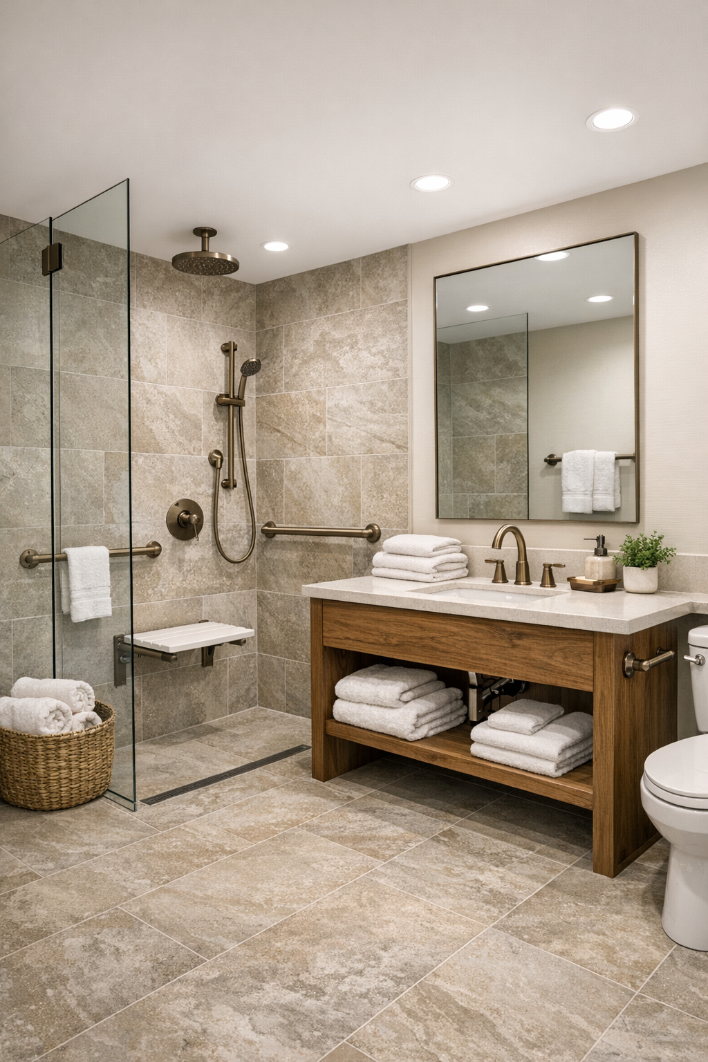 Serene bathroom with curbless shower, stone-look tile, and warm wood vanity