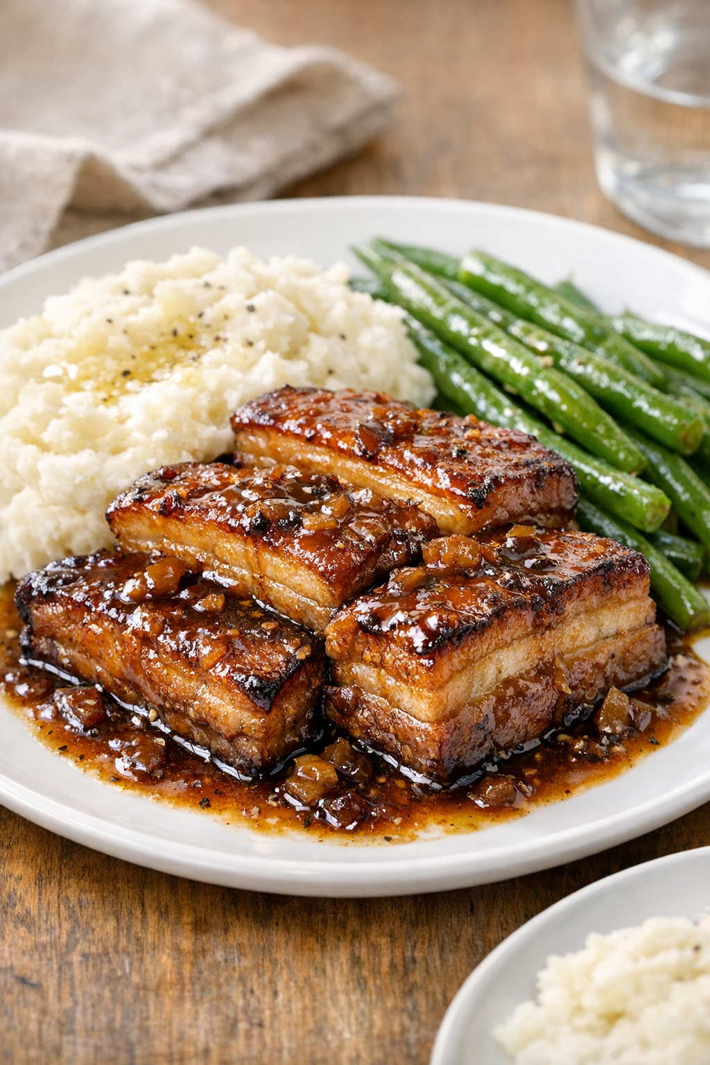 Finished slow cooker pork belly plated for serving