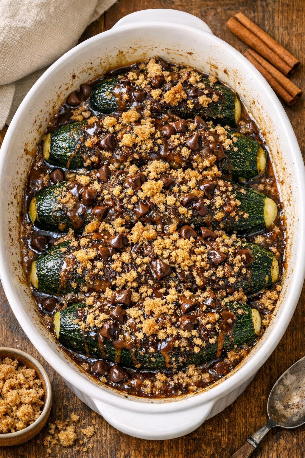 Finished baked zucchini dessert in a ceramic casserole dish