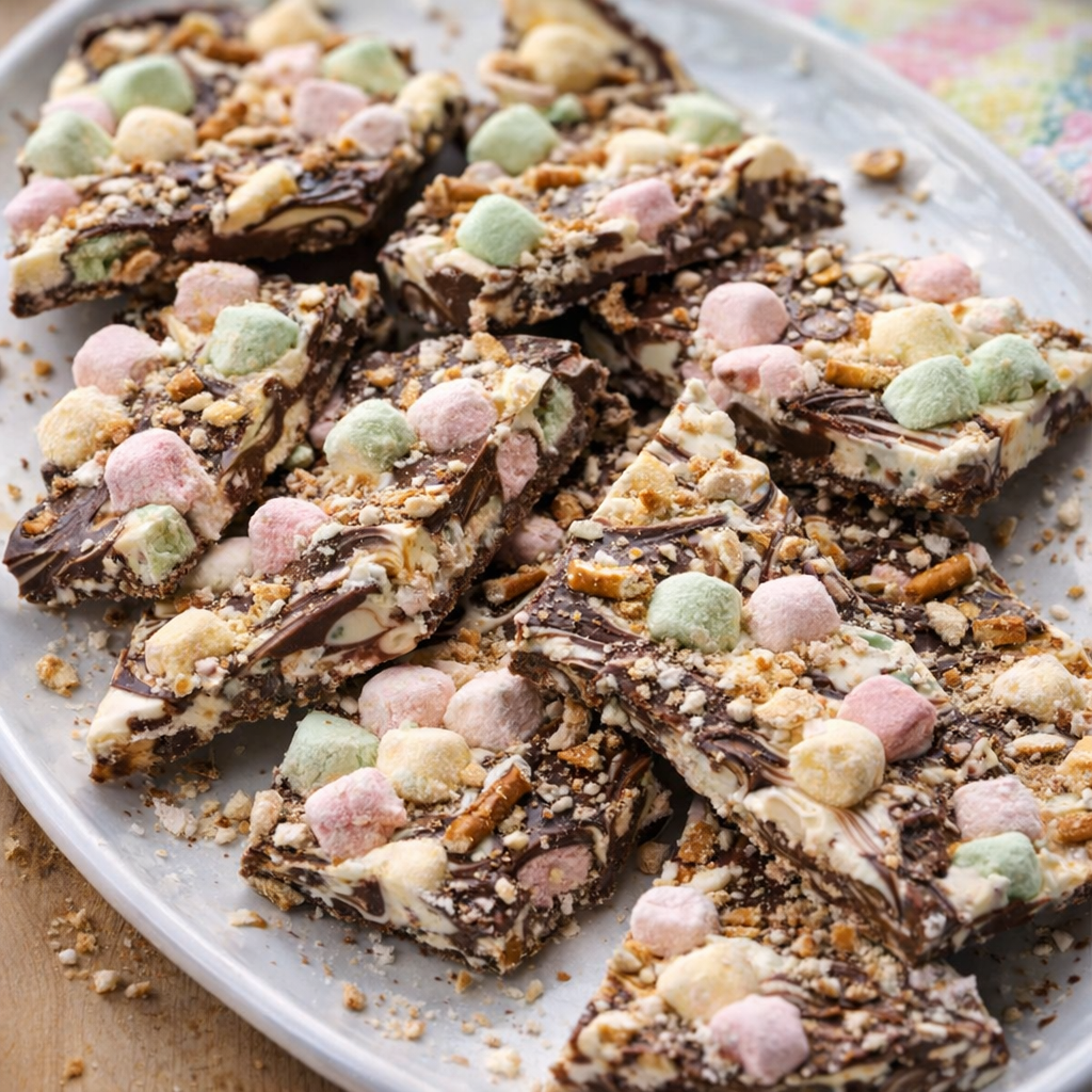 Slow cooker Easter bark broken into colorful pieces on a serving platter