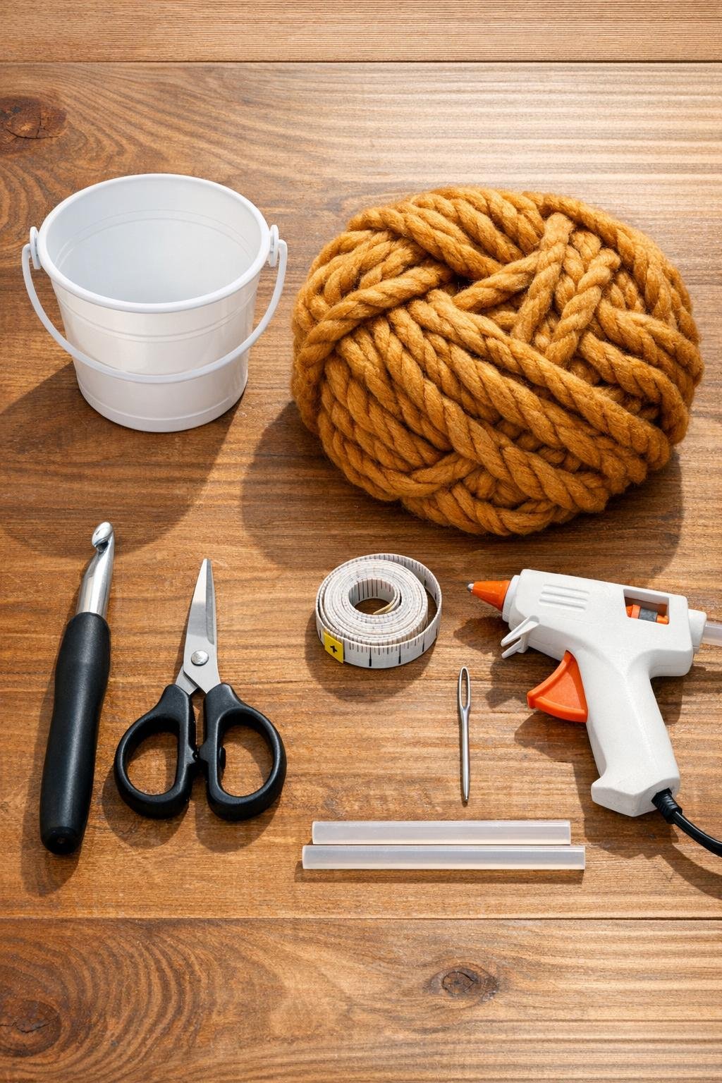 Materials for crocheting a decorative bowl around a plastic bucket