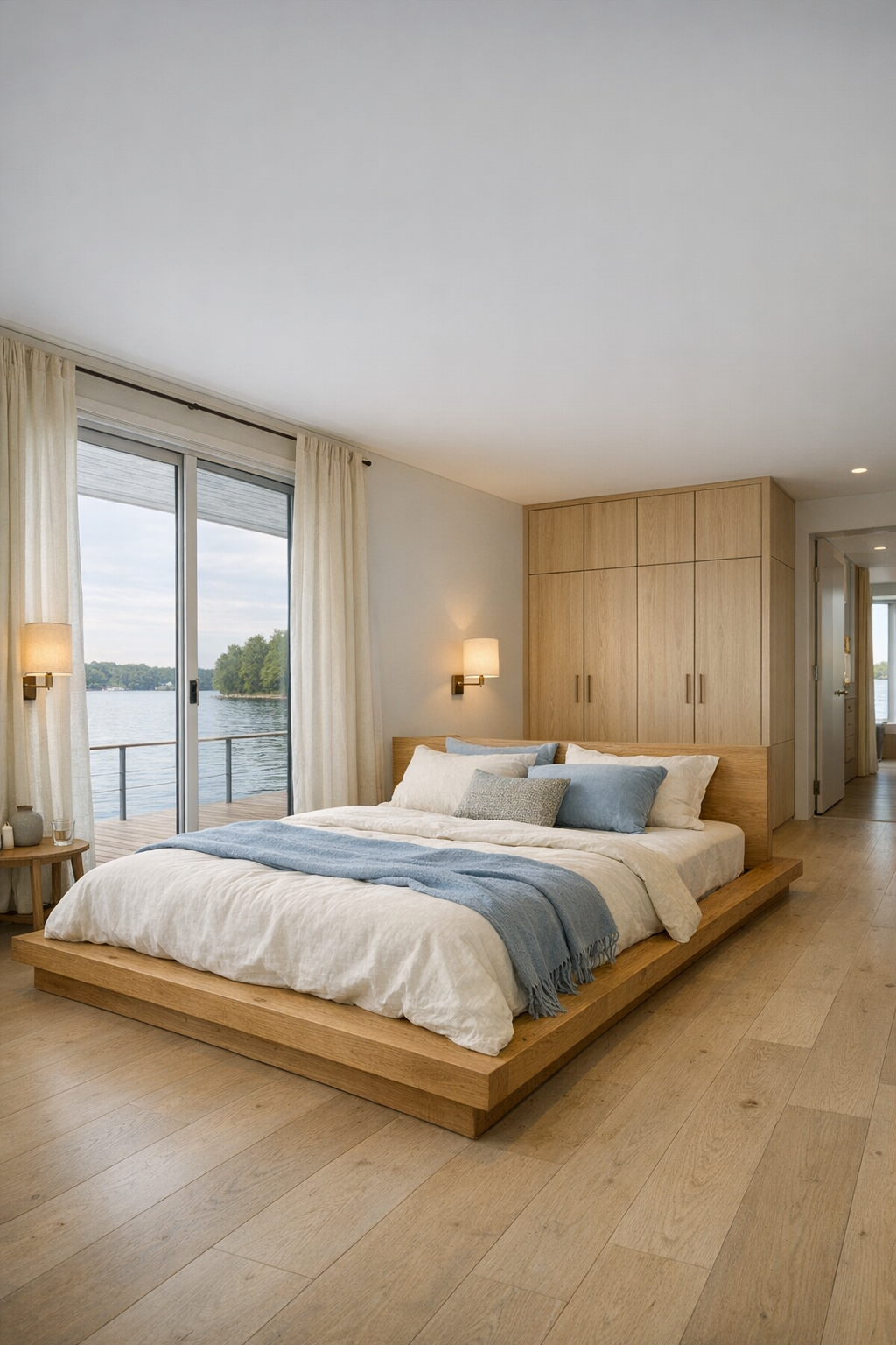 Quiet bedroom with a low oak bed, layered neutral linens, and soft lake-inspired colors