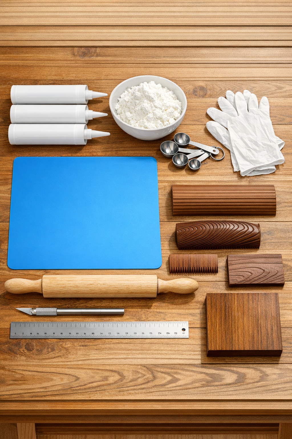 Materials for faux wood trim project laid out on a table