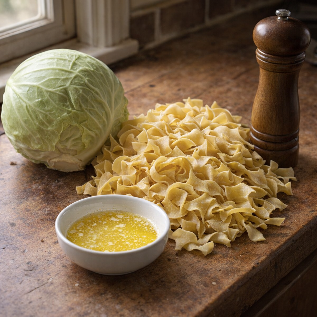 Simple ingredients for cabbage noodles on a farmhouse counter