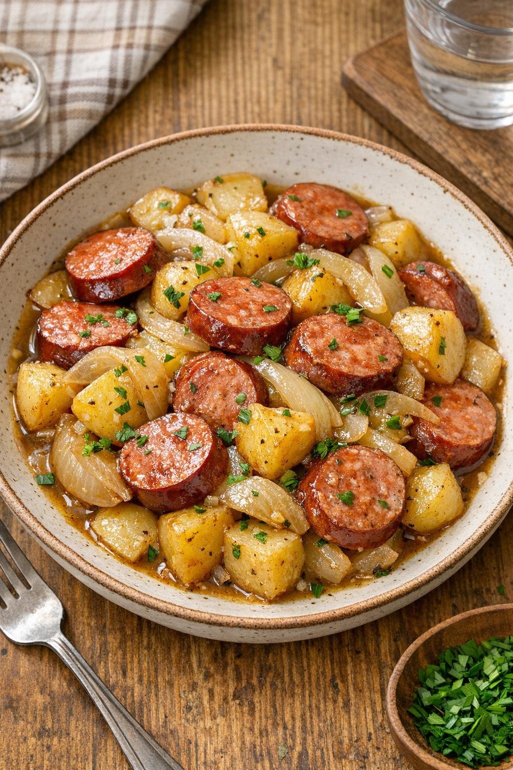 Finished smoked sausage slow cooker dinner plated in a rustic bowl