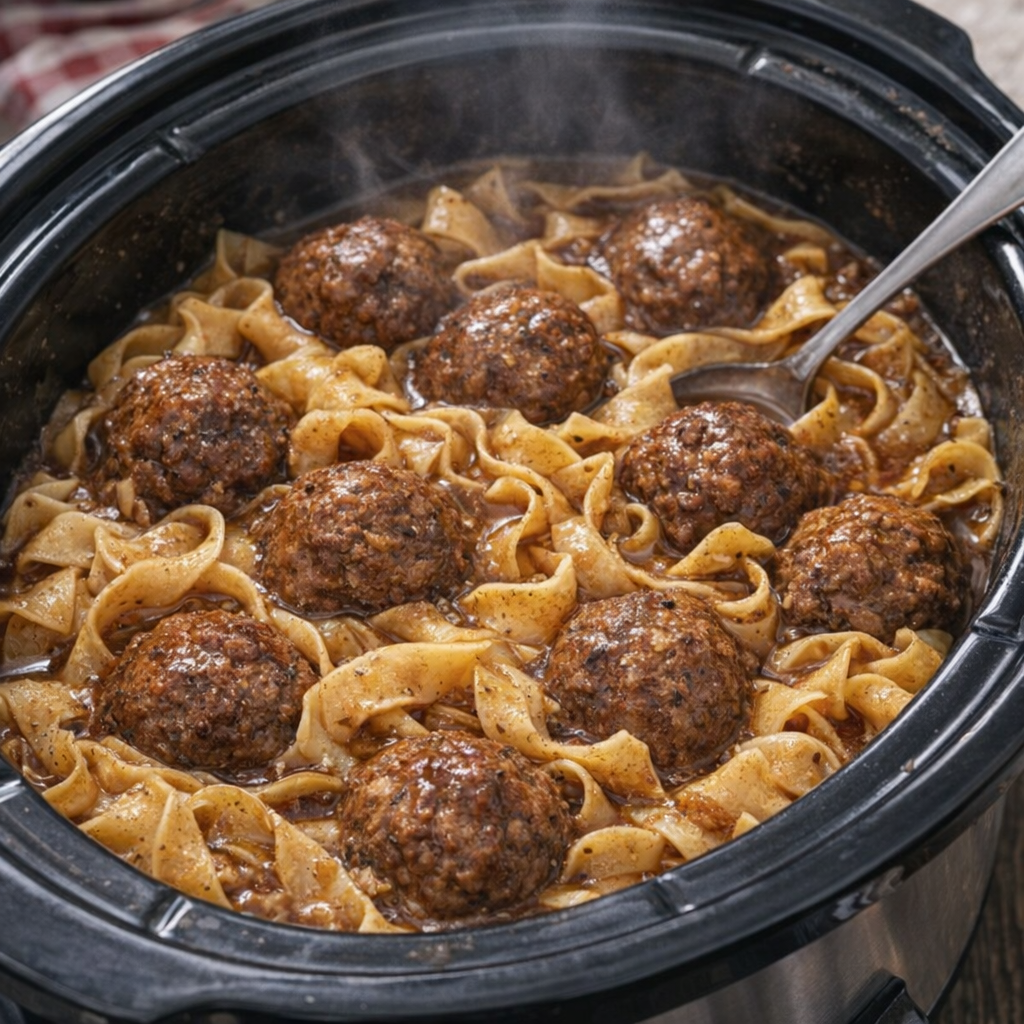 Slow cooker meatballs and noodles in brown gravy