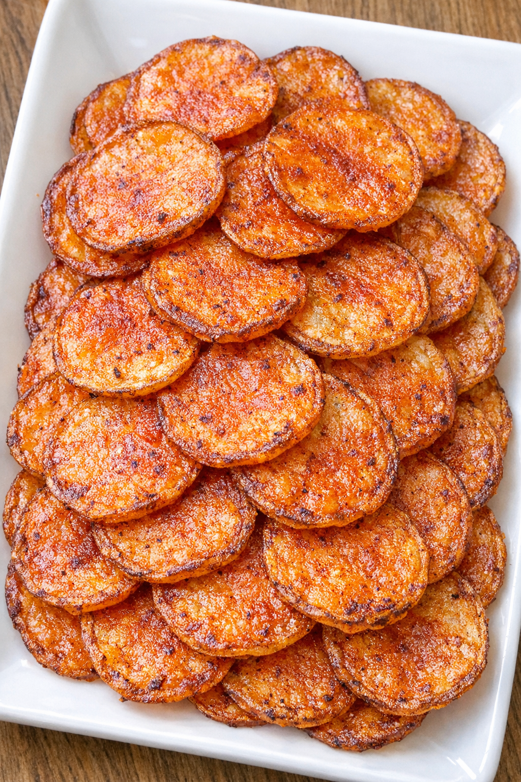Thin crispy smoked paprika potato crisps on a white rectangular serving dish