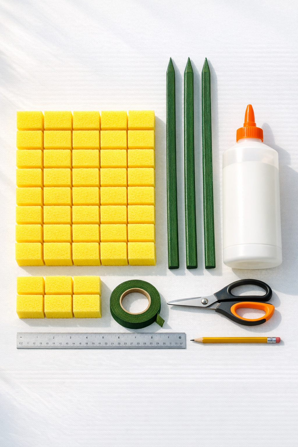 Materials laid out for giant sponge corn stalks