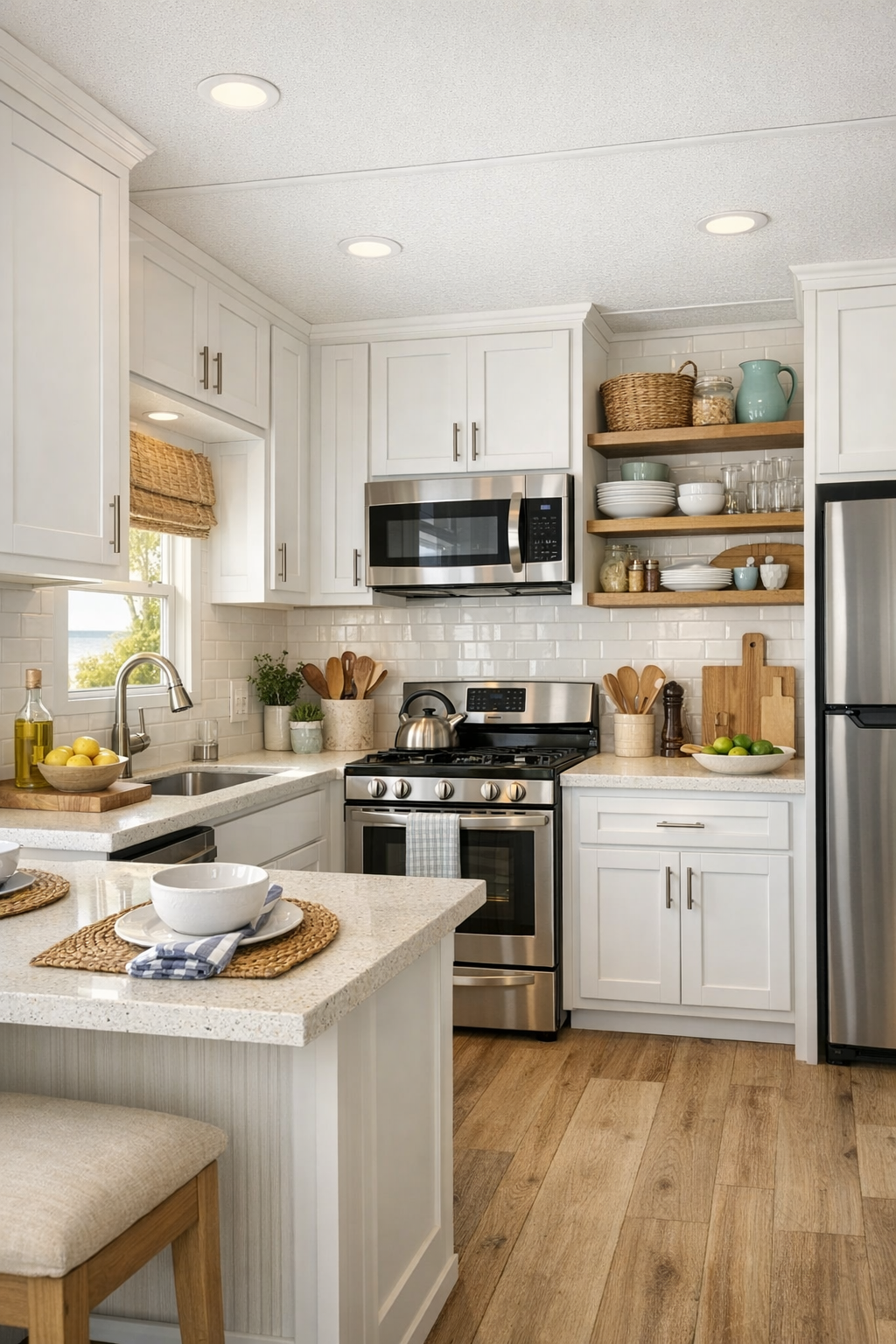 Small coastal kitchen with white cabinets and pale counters