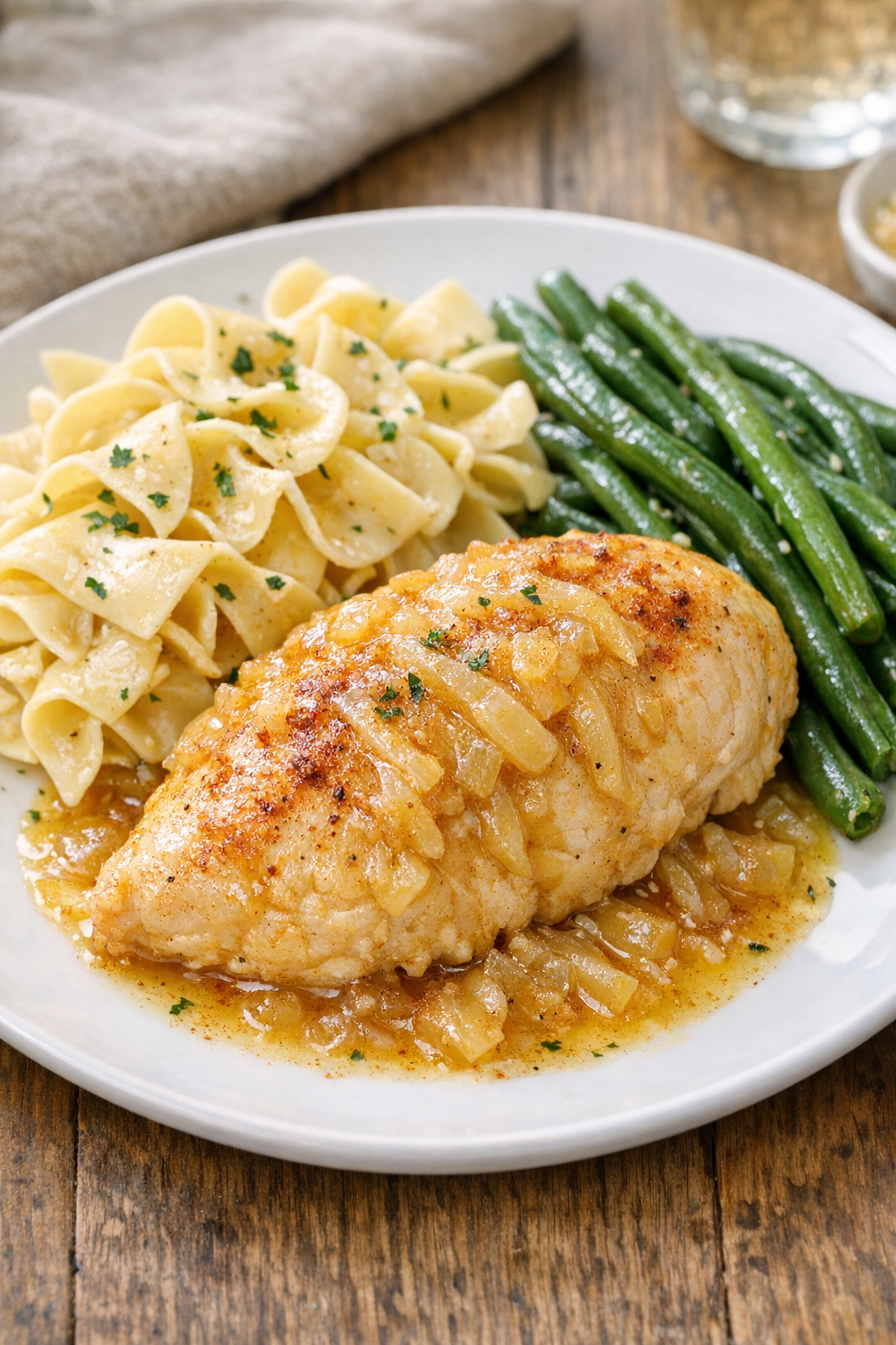 Finished chicken Rothschild plated with sauce and side dishes