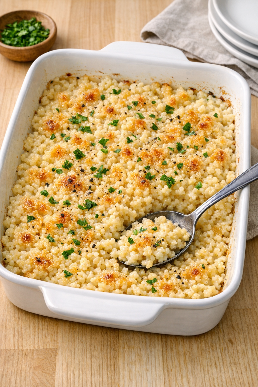 Finished baked stelline macaroni in a ceramic roasting pan