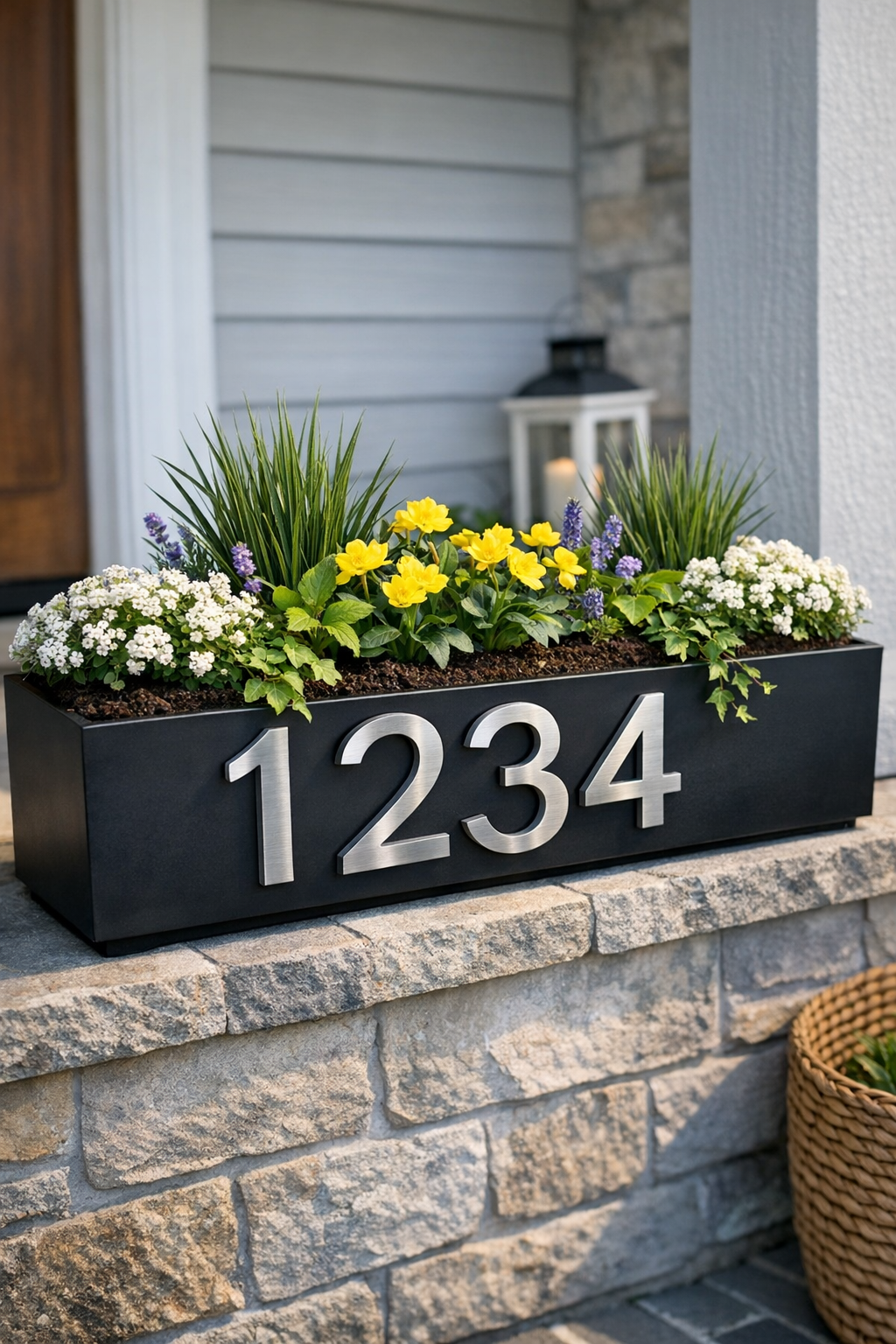 Finished outdoor address planter with brushed metal numbers