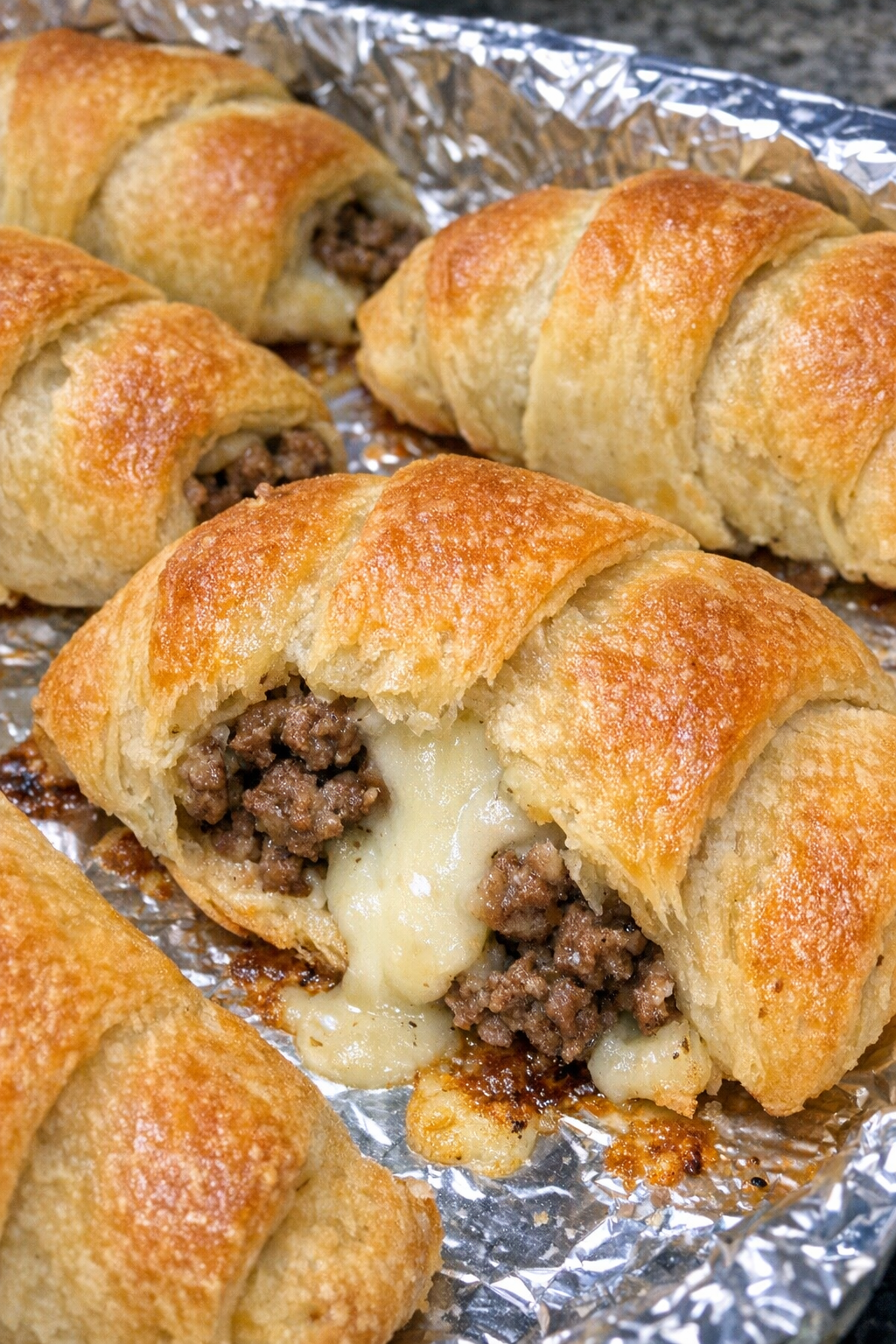 Close-up of baked beef crescent bundles