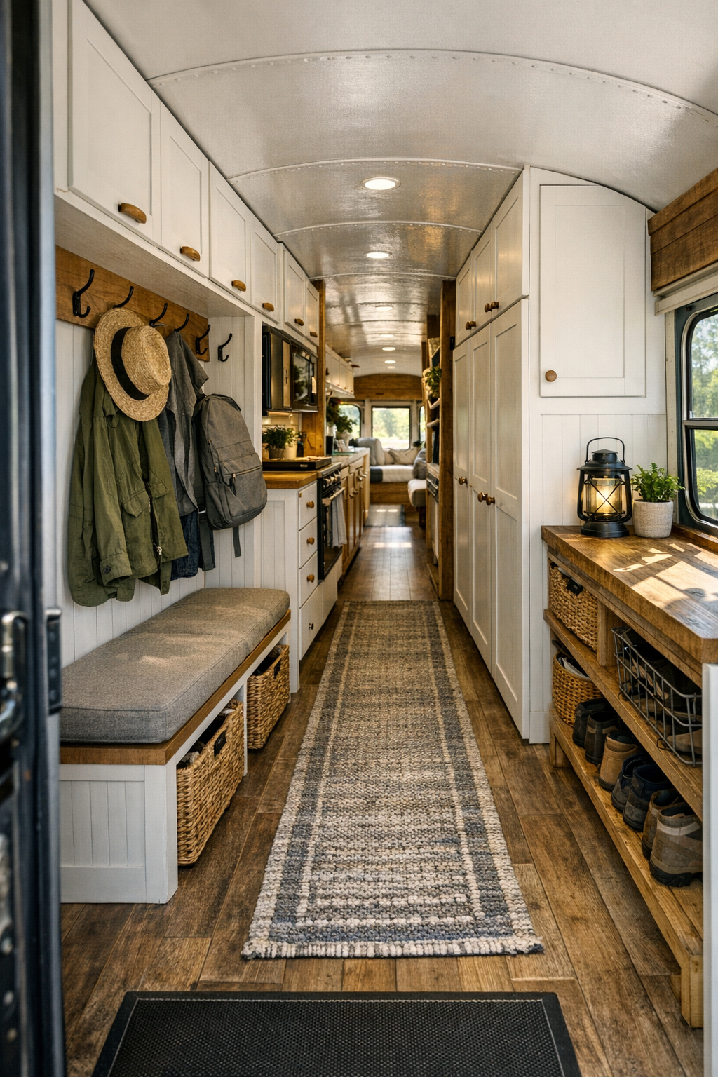Entry and hallway area in a converted bus with built-in storage and utility details
