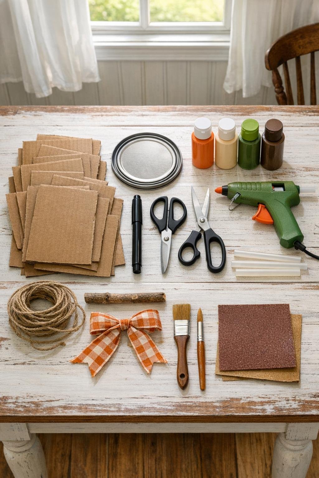 Cardboard scraps, paint, glue, and pumpkin craft supplies laid out on a table