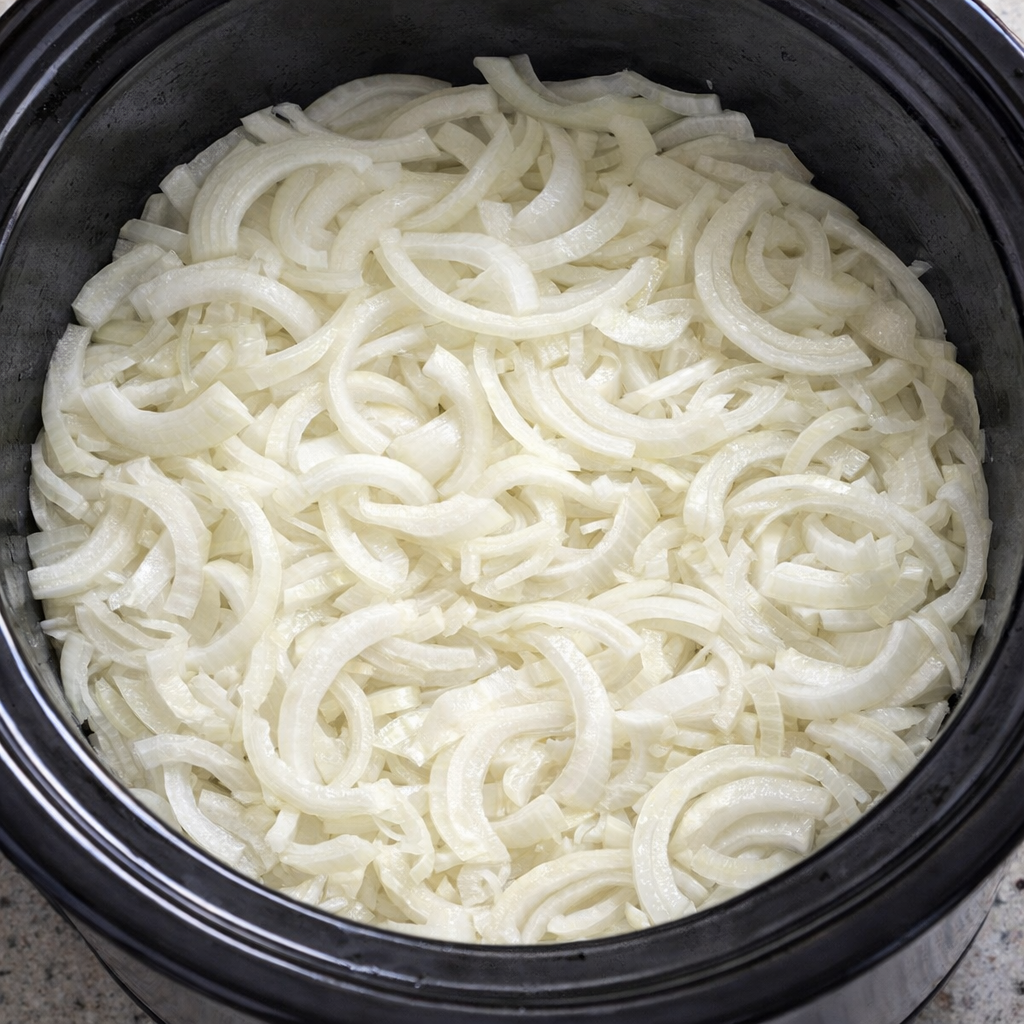 Sliced onions layered in a slow cooker