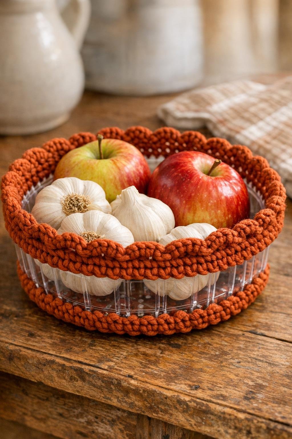 Finished crochet harvest fruit bowl made from a berry container