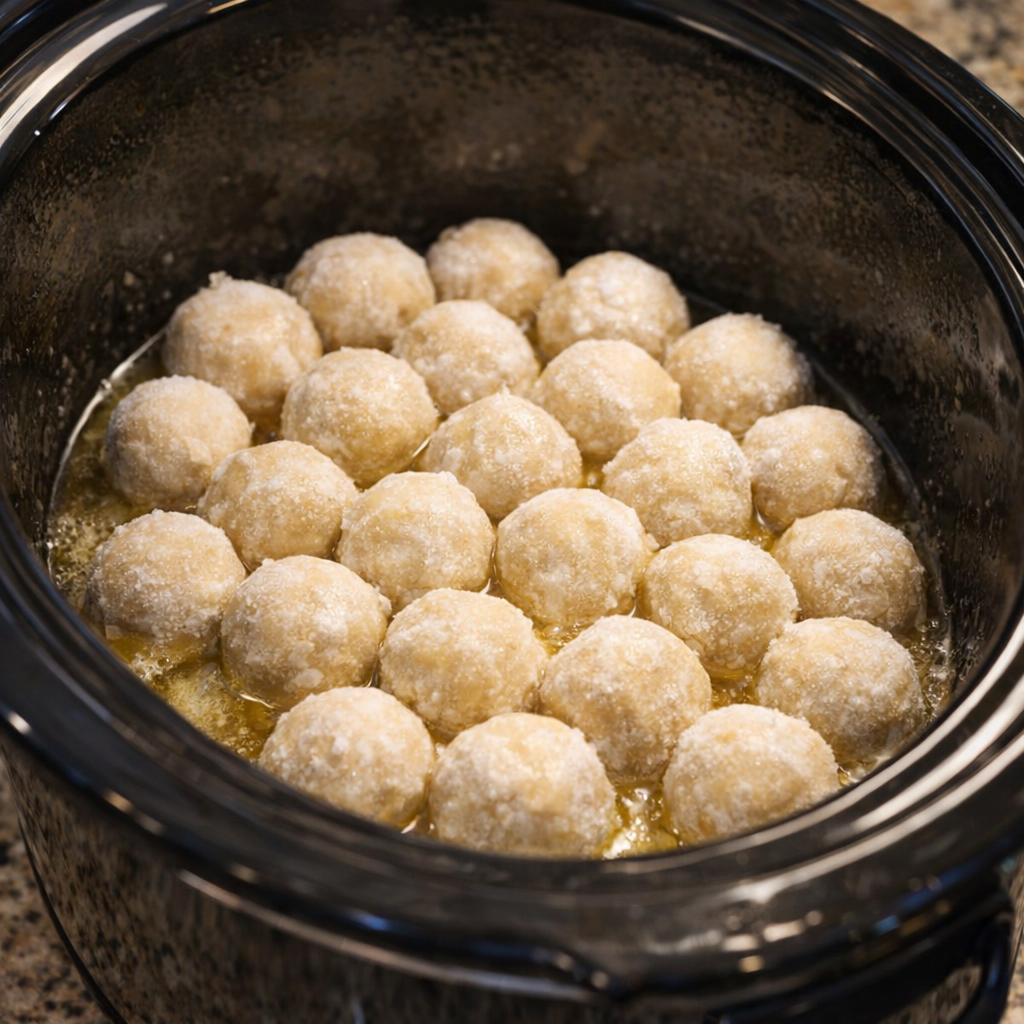 Frozen dough balls arranged in a greased slow cooker