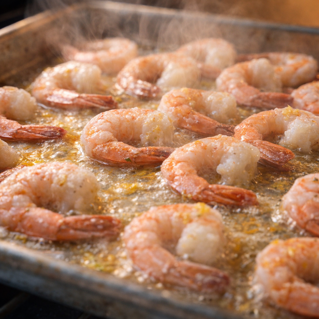 Shrimp halfway baked with melting butter and lemon