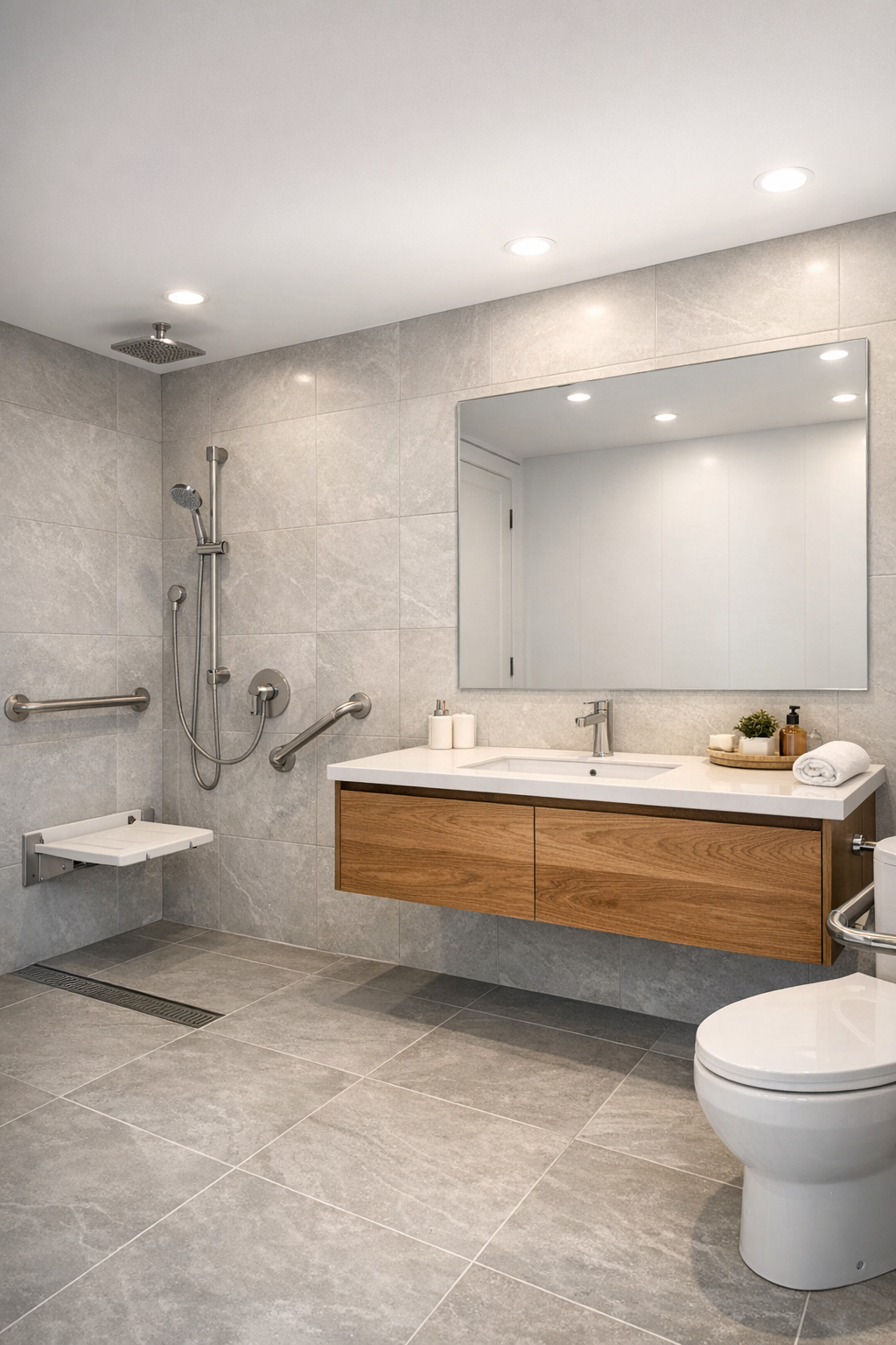 Modern accessible bathroom with curbless shower and oak floating vanity