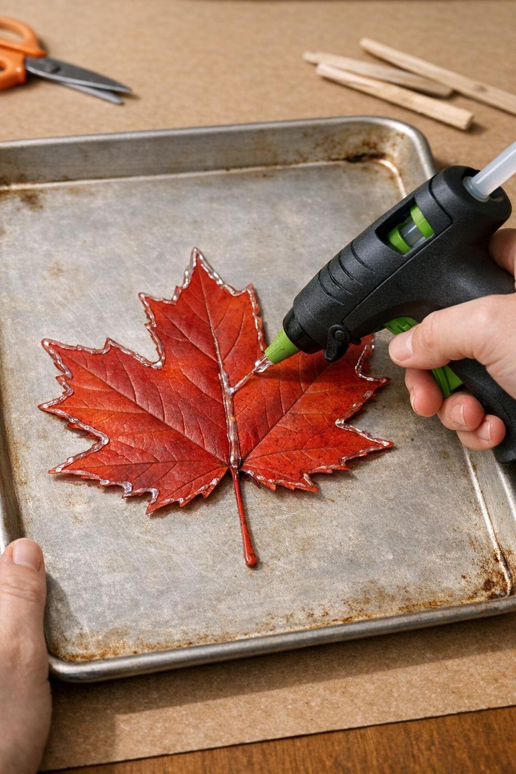 Hot glue outline being added to a maple leaf on a metal baking sheet