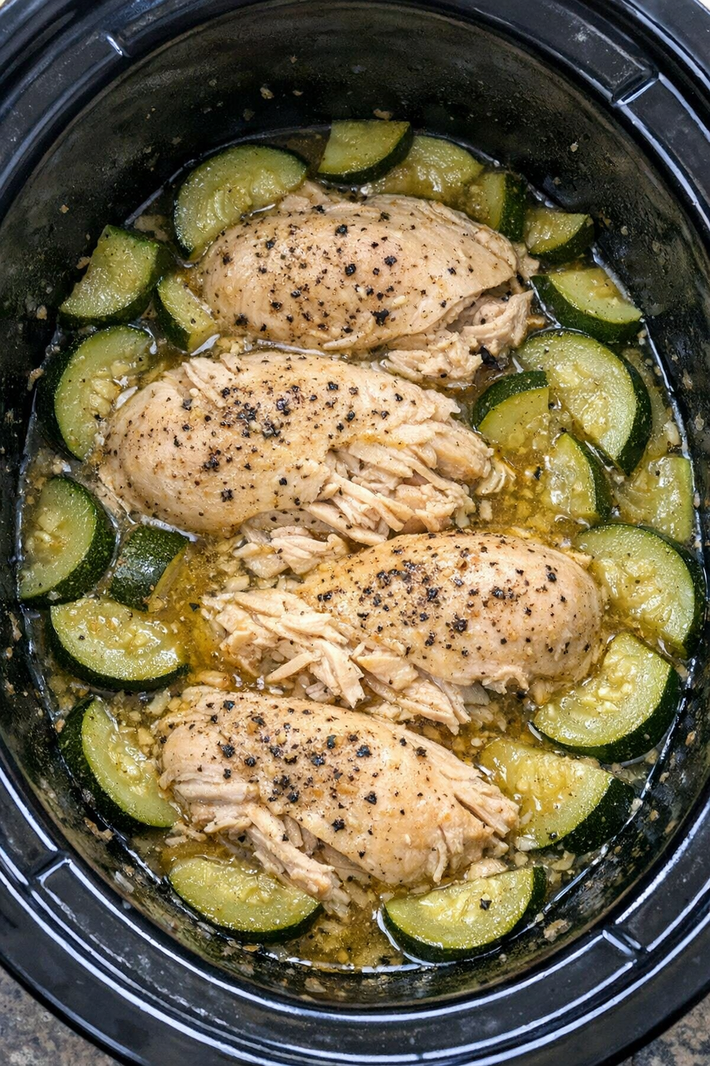 Slow cooker Amish chicken and zucchini in a black slow cooker