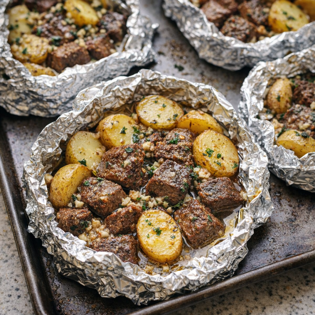 Foil packet steak and potatoes served on a baking sheet