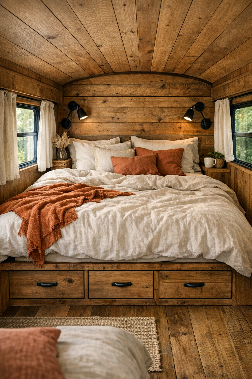 Warm bus bedroom with built-in bed platform and linen bedding