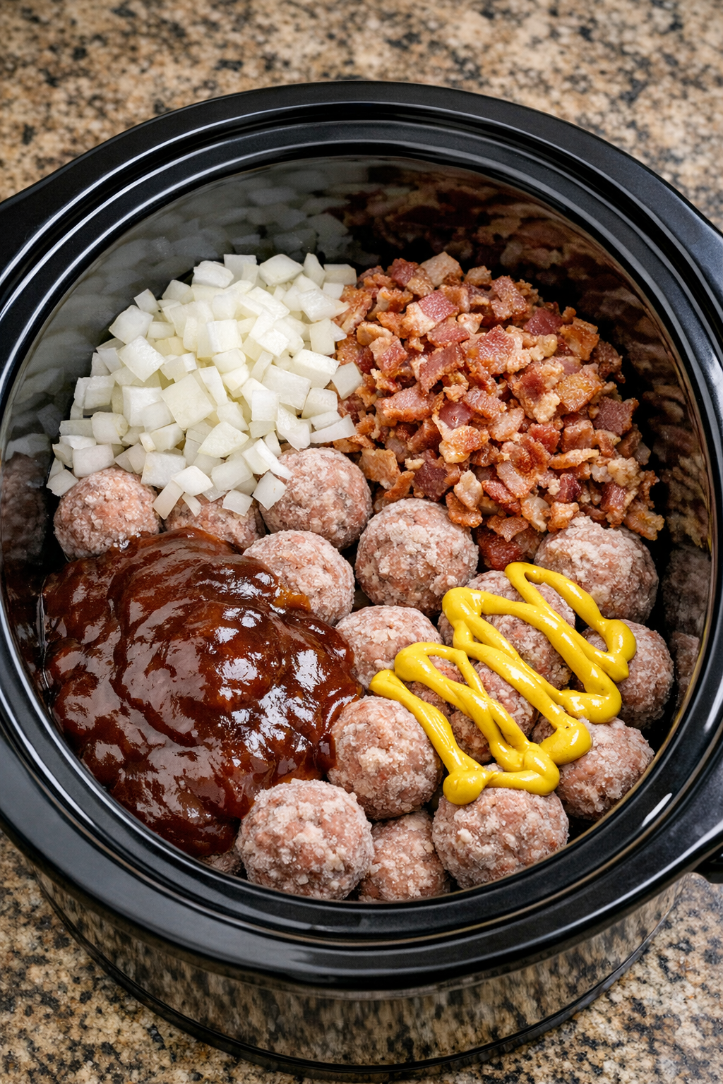 Onion, bacon, barbecue sauce, and mustard layered over meatballs in the slow cooker