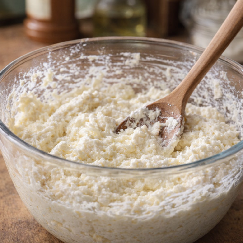 Ricotta and mozzarella mixture in a mixing bowl before baking