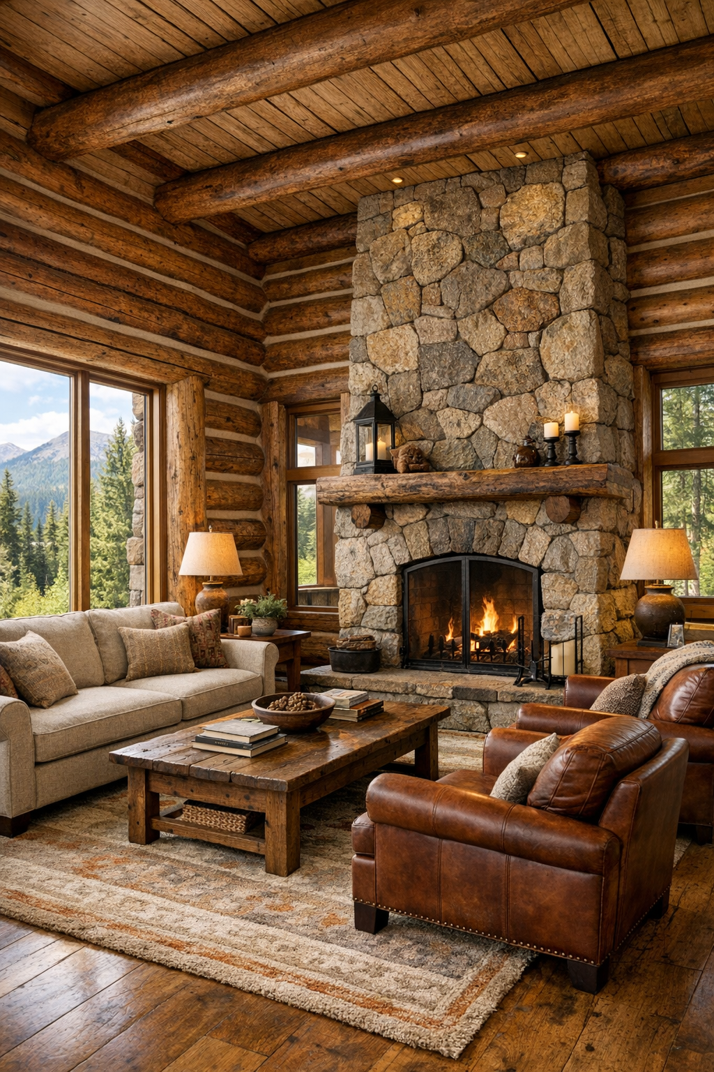 Rustic log home living room with stone fireplace and warm wood finishes
