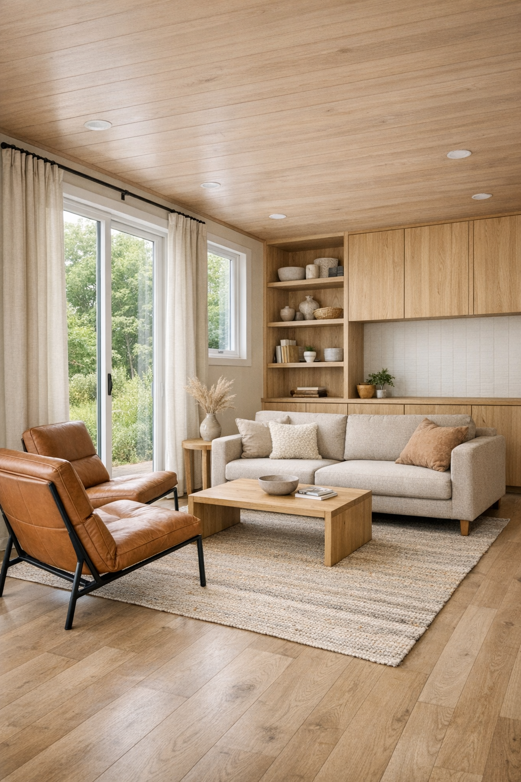 Accessible modern living room with oat tones, oak finishes, and broad open circulation