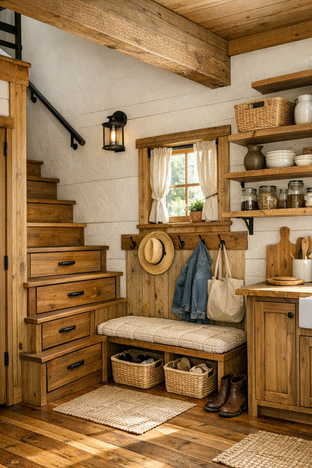 Barn-style tiny home entry and loft details with built-in storage, hooks, and handcrafted woodwork