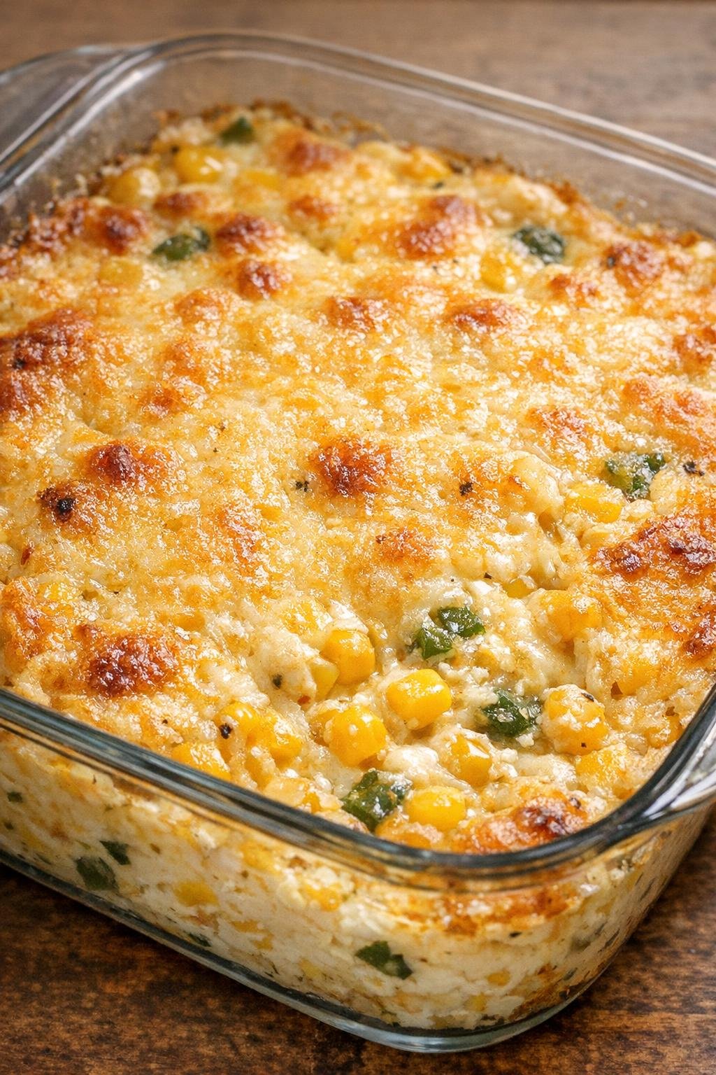 Baked jalapeno corn dip with golden cheese crust