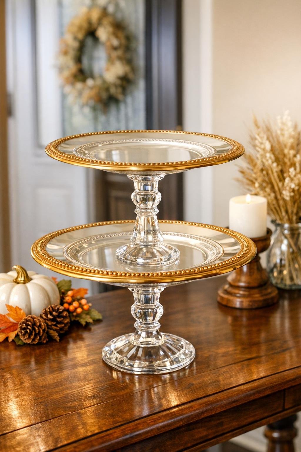 Completed two-tier charger plate stand styled for a front entry