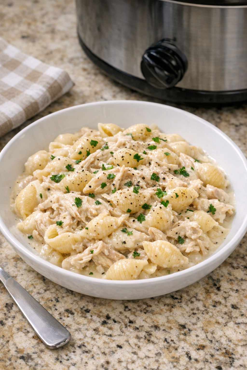Finished creamy chicken pasta in a bowl