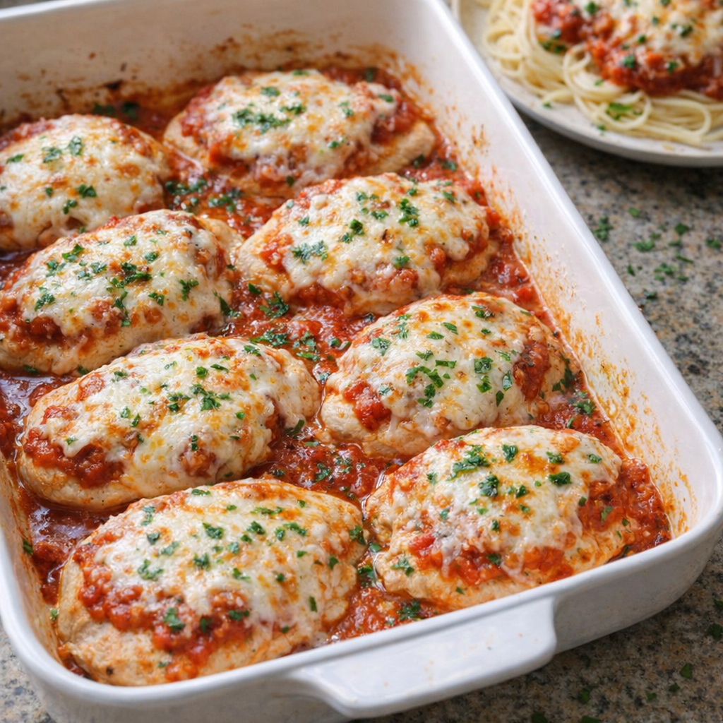 Baked chicken Parmesan served with pasta